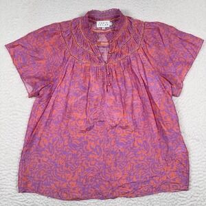 Tanya Taylor Babydoll Blouse Women's XS Pink Button Smocked Silk Viscose